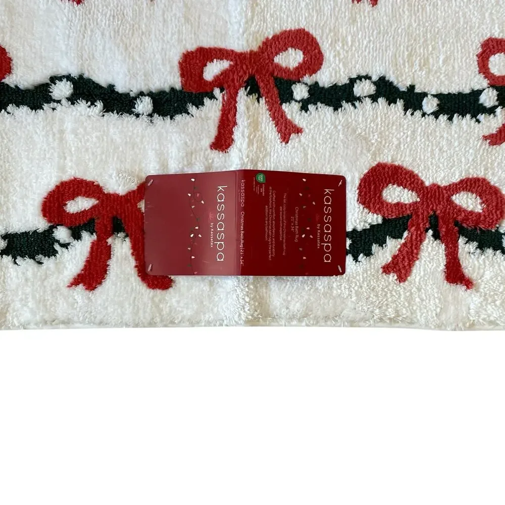 Kassaspa Christmas Bow Garland Bath Rug 21x34 White Red Green Christmas Holiday